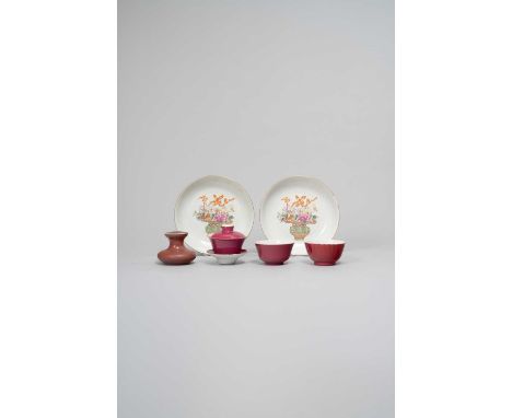 NO RESERVEFIVE CHINESE FAMILLE ROSE RUBY-GROUND ITEMS   20TH CENTURY  Comprising: two dishes, the base of each with a dedicat