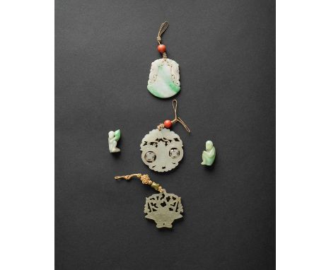 NO RESERVEFOUR CHINESE JADE AND JADEITE CARVINGS LATE QING DYNASTY  Comprising: a pale celadon jade pendant carved as two ope