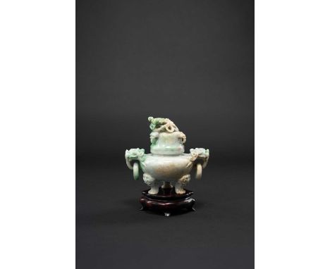 NO RESERVEA CHINESE JADEITE TRIPOD INCENSE BURNER AND COVER  LATE QING DYNASTY  The compressed circular body with two loose-r