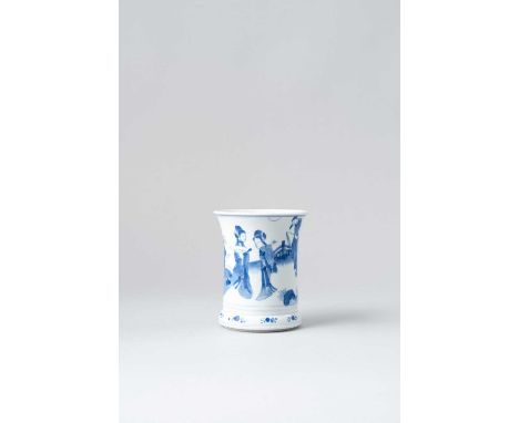 A CHINESE BLUE AND WHITE 'ROMANCE OF THE WESTERN CHAMBER' BRUSHPOT, BITONGKANGXI 1662-1722The flared cylindrical body decorat
