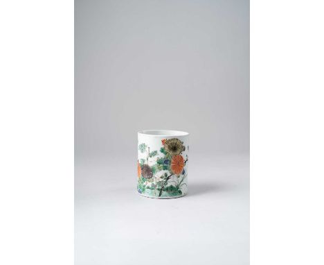 A CHINESE FAMILLE VERTE 'BIRD AND FLOWERS' BRUSHPOT, BITONGKANGXI 1662-1722Of cylindrical form, painted to the exterior with 