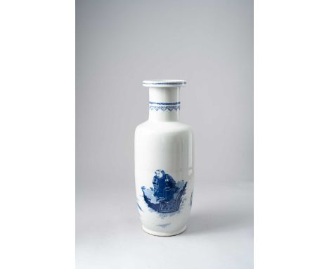 A CHINESE BLUE AND WHITE ROULEAU VASE PROBABLY LATE QING DYNASTY  The body painted with a scene of two barbarians with a wolf