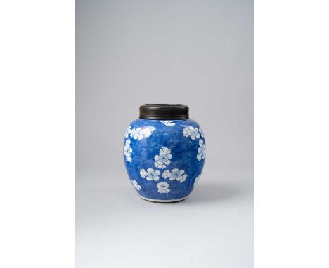 A CHINESE BLUE AND WHITE OVOID 'PRUNUS' VASEKANGXI 1662-1722Painted with prunus blossoms on a cracked-ice ground, the base wi
