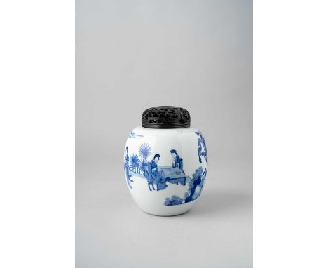 A CHINESE BLUE AND WHITE 'LADIES' JARKANGXI 1662-1722Decorated with four young ladies in a fenced garden playing weiqi and st