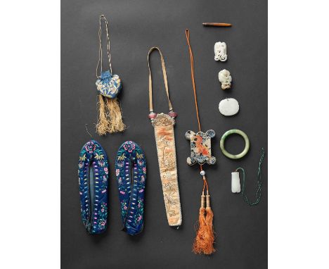 NO RESERVEA SMALL COLLECTION OF CHINESE JADE AND TEXTILE ITEMS QING DYNASTY  Comprising: a white jade pendant of a cat and ch