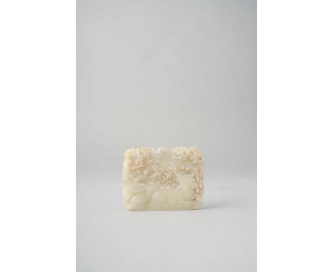 A CHINESE RECTANGULAR WHITE JADE 'DEER AND LINGZHI' PLAQUEQING DYNASTYCarved in openwork depicting two recumbent deer resting