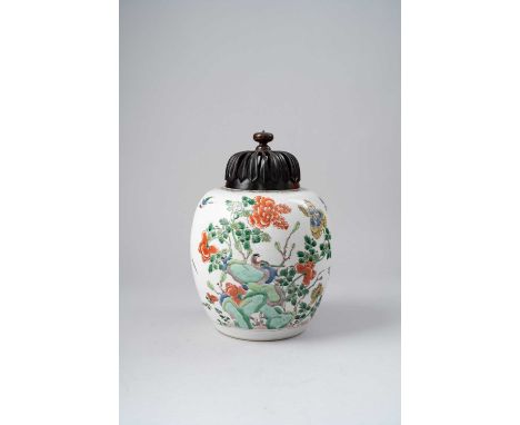A CHINESE FAMILLE VERTE OVOID VASEKANGXI 1662-1722Decorated with birds among peony flowers issuing from rockwork, together wi