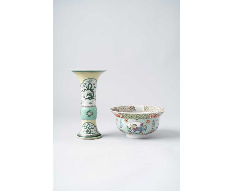 NO RESERVEA CHINESE FAMILLE VERTE BOWL AND A GU-SHAPED VASE SIX-CHARACTER KANGXI MARKS AND OF THE PERIOD 1662-1722  The bowl 