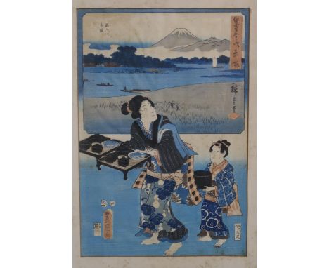 JAPANESE SCHOOL&nbsp;Figures carrying food, wood block print, 36 x 24cm Condition Report:Available upon request