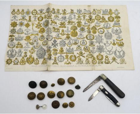 A small collection of military buttons, together with an interesting print of the various cap badges of the regiments of the 
