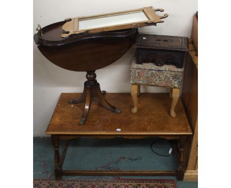 A 20th century oak coffee table, mahogany drop leaf table, upholstered sewing stools, carved oak stool, mahogany kidney shape