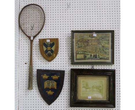 An Edinburgh University coat of arms wall plaque, together with another similar heraldic wall plaque, a framed sepia photogra