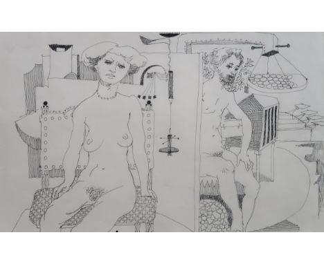 WILLIAM CROSBIE RSA RGI (1915-1999) MALE AND FEMALE NUDE, IN INTERIOR&nbsp; Ink drawing, 18 x 29cm&nbsp; Condition Report:Ava