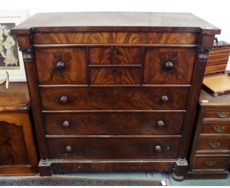 A Victorian mahogany Scotch chest with four over three drawers on bun feet, 131cm high x 127cm wide x 60cm deep Condition Rep