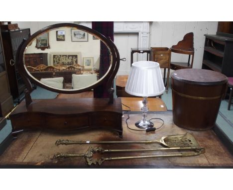 A large Victorian mahogany three drawer toilet mirror, mahogany coal bucket with brass band and two decorative brass fire too