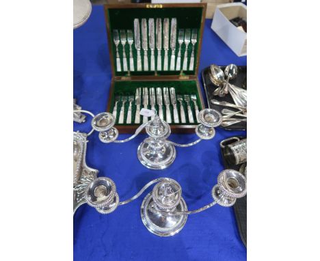 cased set of mother of pearl and EPNS handles fish knives and forks, with engraved floral decoration, and a pair of EPNS thre