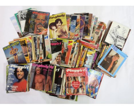 A large collection of vintage erotic magazines, mostly Playgirl, with other titles including Foxy Lady, Fotosex, Exciting Cin