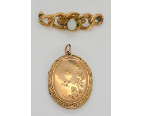 A 9ct gold opal knot brooch, length 4cm, together with a 9ct back &amp; front locket engraved with birds, weight together 10.