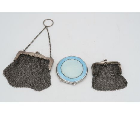 A circular silver blue guilloche enamel compact, by Joseph Gloster, Birmingham 1946, a silver chainmail purse, with import ma