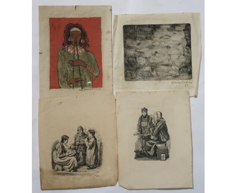 FOUR UNFRAMED WORKS Together with a&nbsp;framed picture of "The Drying Green at Falkland in Fife" and a print, 'Trial of Pati