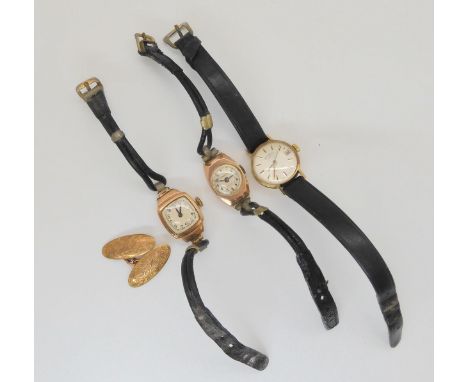 Three 9ct gold mounted ladies vintage watch heads with leather straps to include Rotary, Dominant, one un-named and a single 