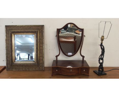 A Victorian mahogany framed three drawer toilet mirror, gilt framed bevelled glass wall mirror and a contemporary table lamp 