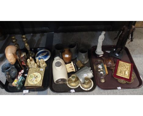 A Lovatt stoneware A.G. Barr &amp; Co Ltd Old Scotch, brewed ginger beer bottle, pewter tankards and hip flasks, figures, bra