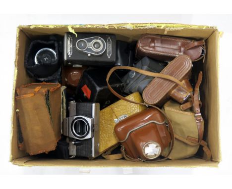 Assorted vintage cameras, to include models by Praktica, Ensign, Kodak, box Brownies and others Condition Report:Available up