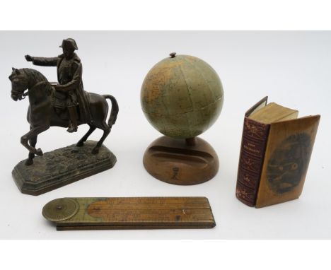 A spelter equestrian statue (possibly Napoleon); Mauchline ware New Testament depicting the Mineral Wells, Moffat; a boxwood 