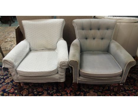 A pair of Victorian armchairs both with square tapering supports terminating in ceramic casters, one with contemporary floral