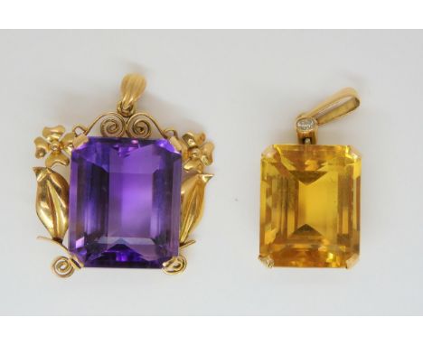 A large step cut amethyst dimensions 18.3mm x 15.6mm x 10.5mm in a yellow metal mount, together with a yellow metal mounted c