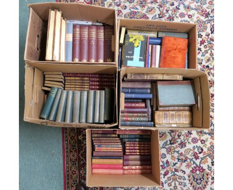 Five boxes of books, primarily classic literature, with authors including Neil Munro, RL Stevenson, Sir Walter Scott, Jerome 