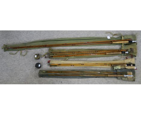 Fishing tackle: four split cane fishing rods (Hardy the "Pope", Hardy the "Gold Medal", Mitre-Hardy the "Alder" and Milward's