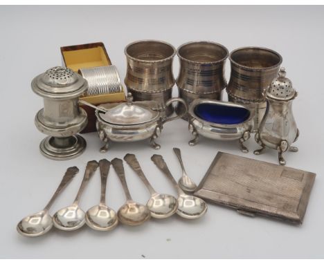 A set of six silver napkin rings, the body with banded decoration surrounding initialled cartouches, by&nbsp;Docker &amp; Bur