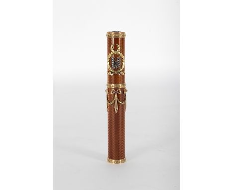 Cylindrical message case in gold metal and guilloché enamel with stone applications and garland decoration with bows and laur