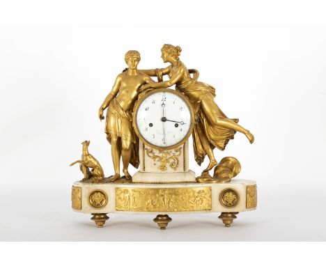 Empire table clock in gilt bronze and marble with representation of Venus and Adonis with dog and a bas-relief on the base. F