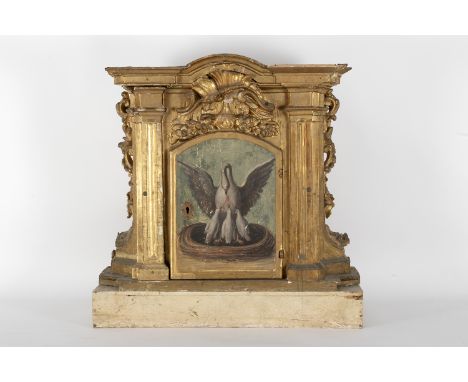 Tabernacle with an architectural structure in carved and gilded wood with decoration of pilasters and floral motifs, painted 