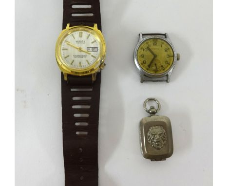 A vintage Moeris gents wristwatch, a Monde top time wristwatch and a snuff box.