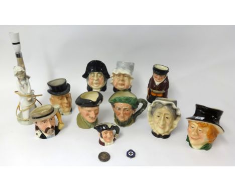 Charles Dickens character jugs also Doulton Monty, Doulton Wild West, a Toby jug and Nao figure table lamp (11).