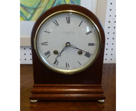 Comitti, eight day mahogany cased striking clock with key, height 21cm