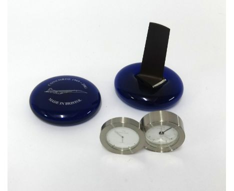 Concorde collectables, a turbine blade, small blade mounted on Bristol blue glass also Concorde gift clock and Concorde Brist