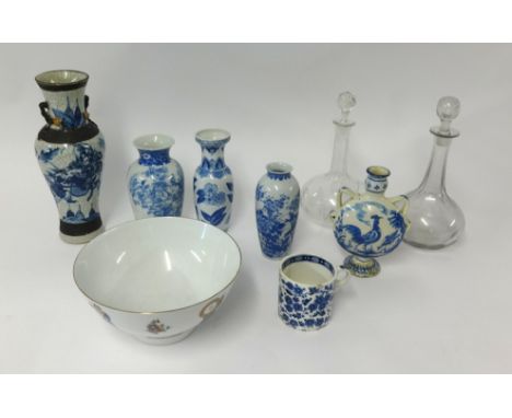 A Victorian glass decanter and two others, various ornaments, Welsh teapot, Coalport cottage etc together with various blue a