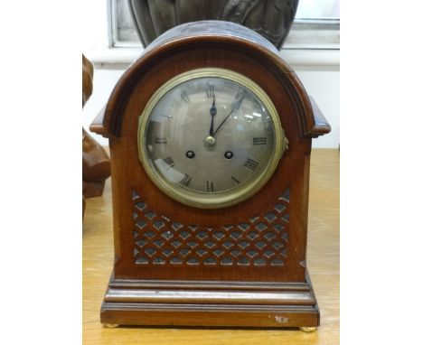 A small walnut cased mantel clock, Buren Swiss movement, height 14cm, pottery cased clock and a mahogany bracket clock (3).