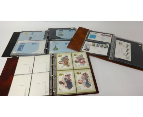 Stamps, a collection of loose pages of World stamps, some cigarette cards, together with three albums containing Post Office 