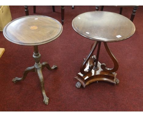 A mahogany circular occasional table and a mahogany and inlaid reproduction tripod table on claw and ball feet (2).