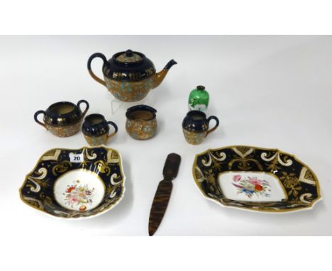 Doulton, Slaters five piece tea service, two 19th Century hand painted dishes, paper knife and enamelled vase.