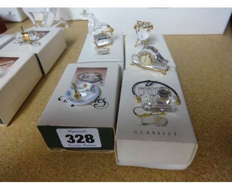 Swarovski, gramophone, kettle drum, camera, clock and dessert plate (all boxed except clock).
