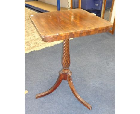 A Regency tripod wine table with spiral column, an oak gate leg table, stained wood kitchen table and a small mahogany Pembro