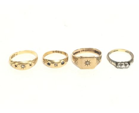 Four Gold including 9ct, 18ct, platinum and gold rings inset with small diamonds and other stones. Sizes O,M,Q & K. Total wei