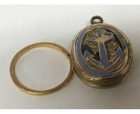 A 22carat gold wedding ring weight 1.5g and an enamel antique locket (2)